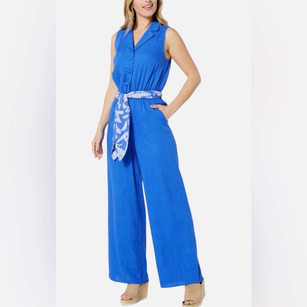 G by Giuliana 3X Sugar-Washed Linen-Blend Wide Leg Jumpsuit